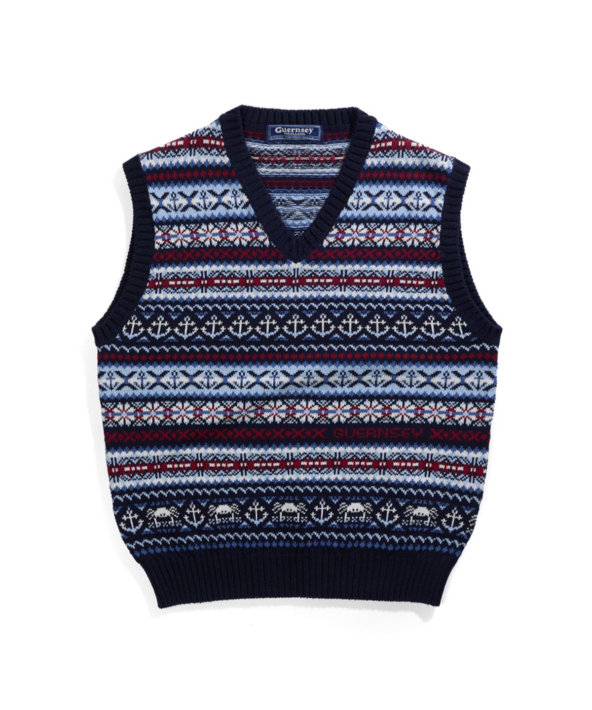 건지 울른스(Guernsey Woollens) 그랑 로크 페어아일 코튼 브이넥 베스트 - 네이비
