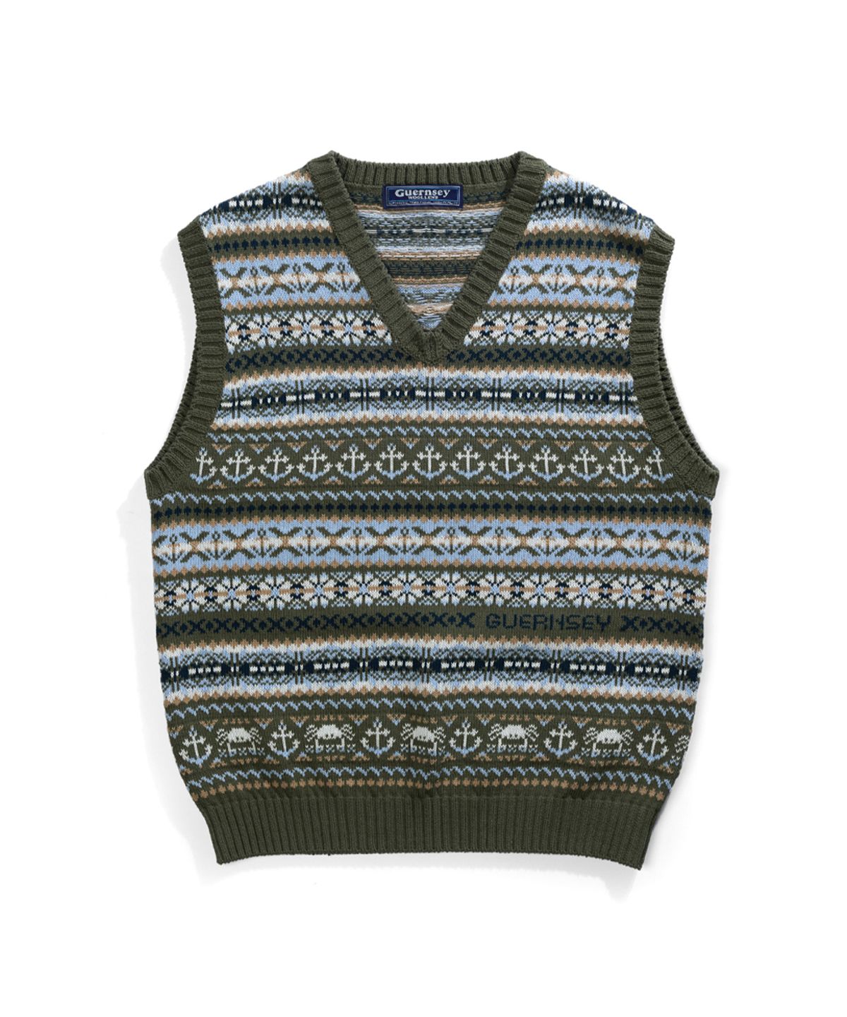건지 울른스(Guernsey Woollens) 그랑 로크 페어아일 코튼 브이넥 베스트 - 올리브