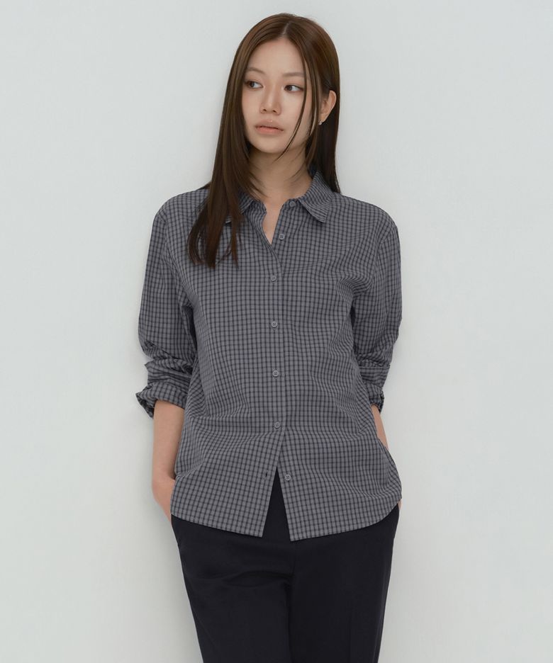 우먼즈 릴렉스드 스몰 플레이드 체크 셔츠 [그레이/네이비]