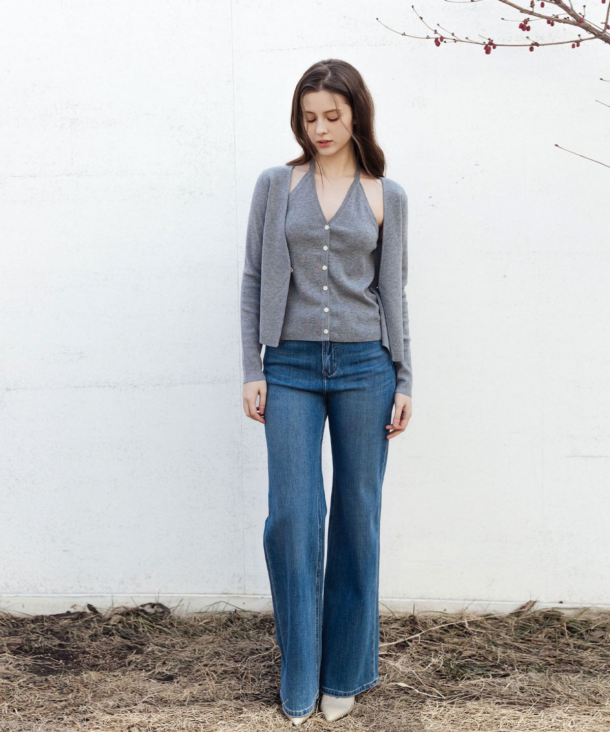 로트르드민(LAUTREDE MIN) Rosy Halter Knit Gray Cardigan