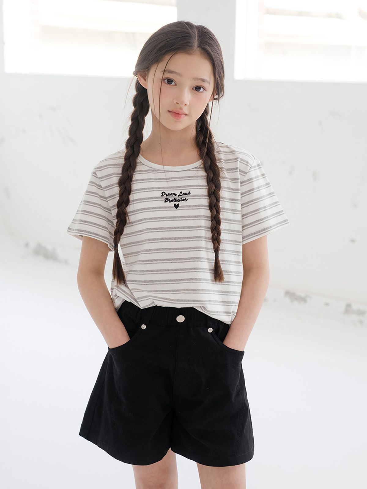 브렛테일러(BRETTAILOR) 베이직 메란지 스트라이프 숏슬리브(메란지)