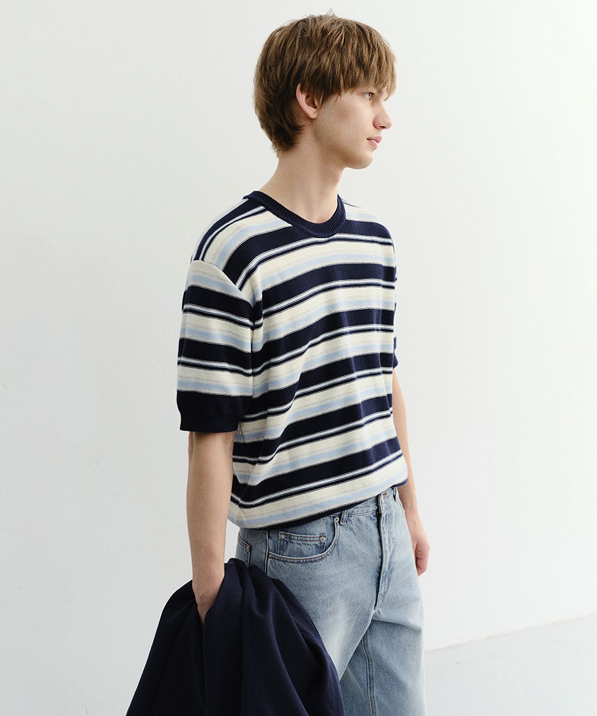 던스트 포 맨(DUNST FOR MEN) STRIPED CREWNECK KNIT_UNISEX_UDSW6B129_NAVY / CREAM