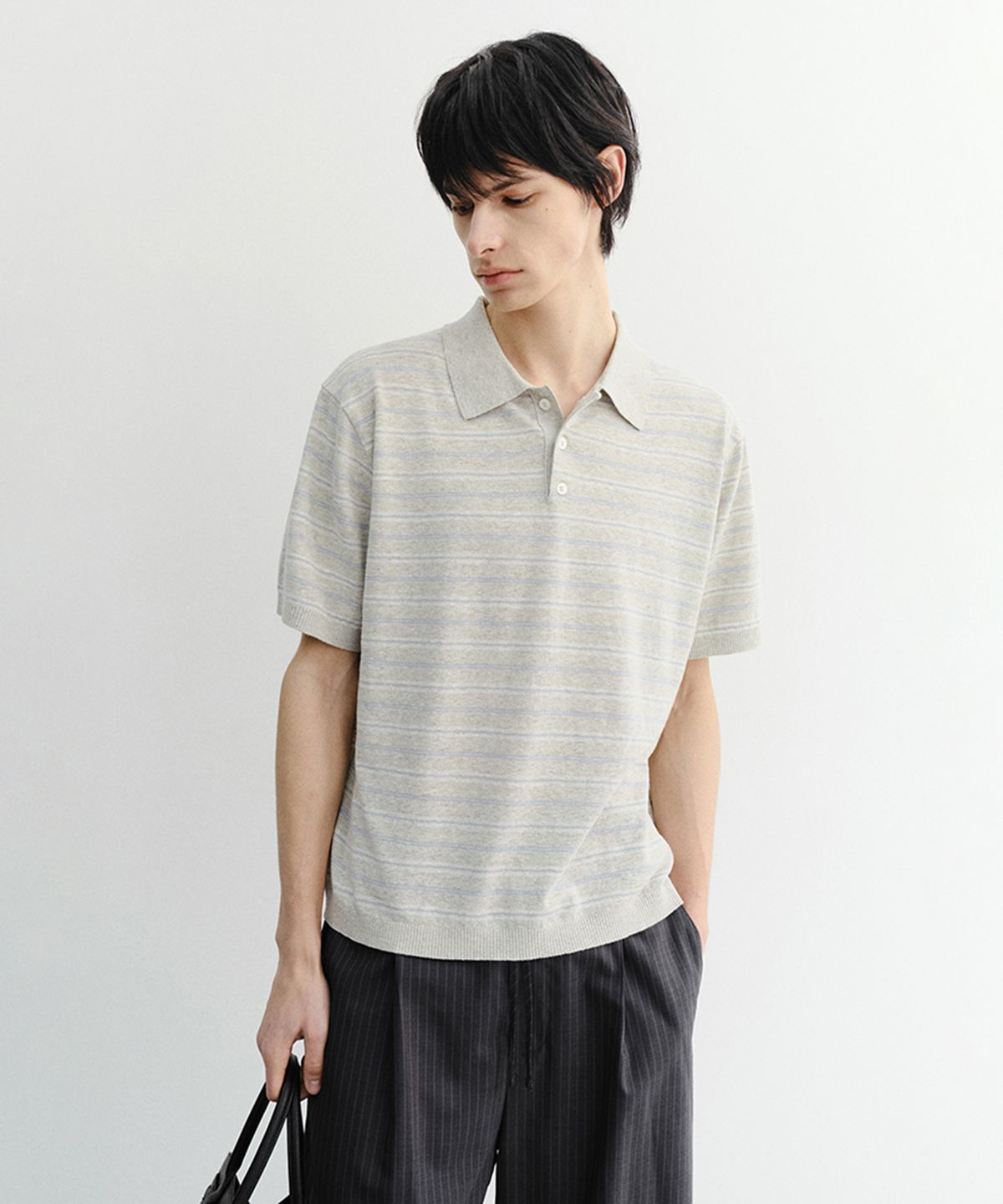 던스트 포 맨(DUNST FOR MEN) STRIPED POLO KNIT_UNISEX_UDSW6B127_GREY / SOFT BLUE