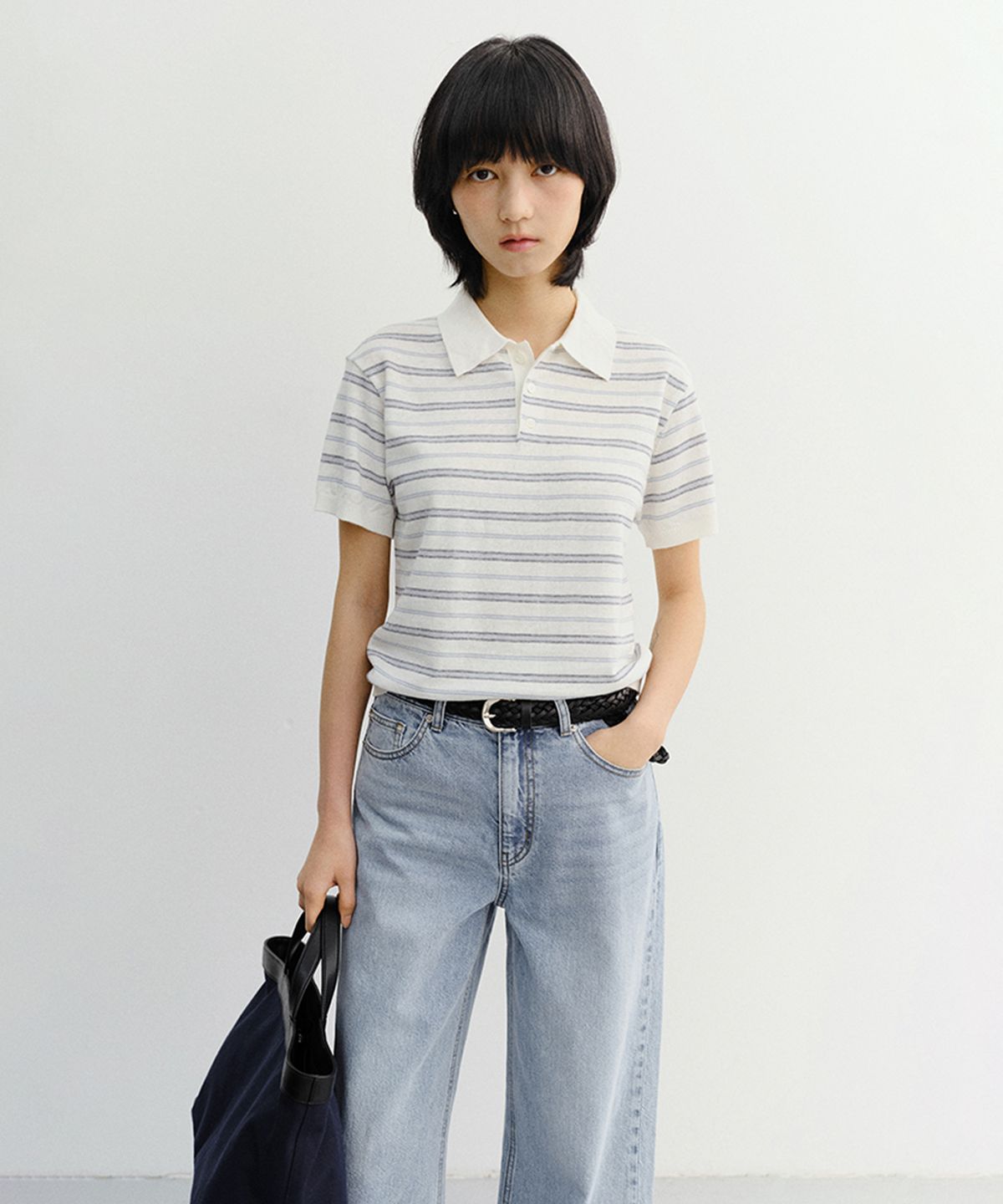 던스트(DUNST) UNISEX STRIPED POLO KNIT_UDSW6B127_WHITE / SOFT BLUE