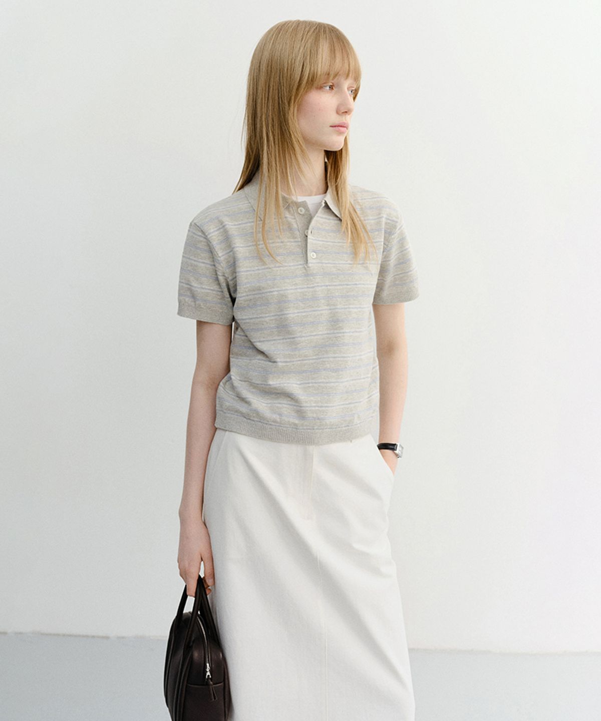 던스트(DUNST) UNISEX STRIPED POLO KNIT_UDSW6B127_GREY / SOFT BLUE