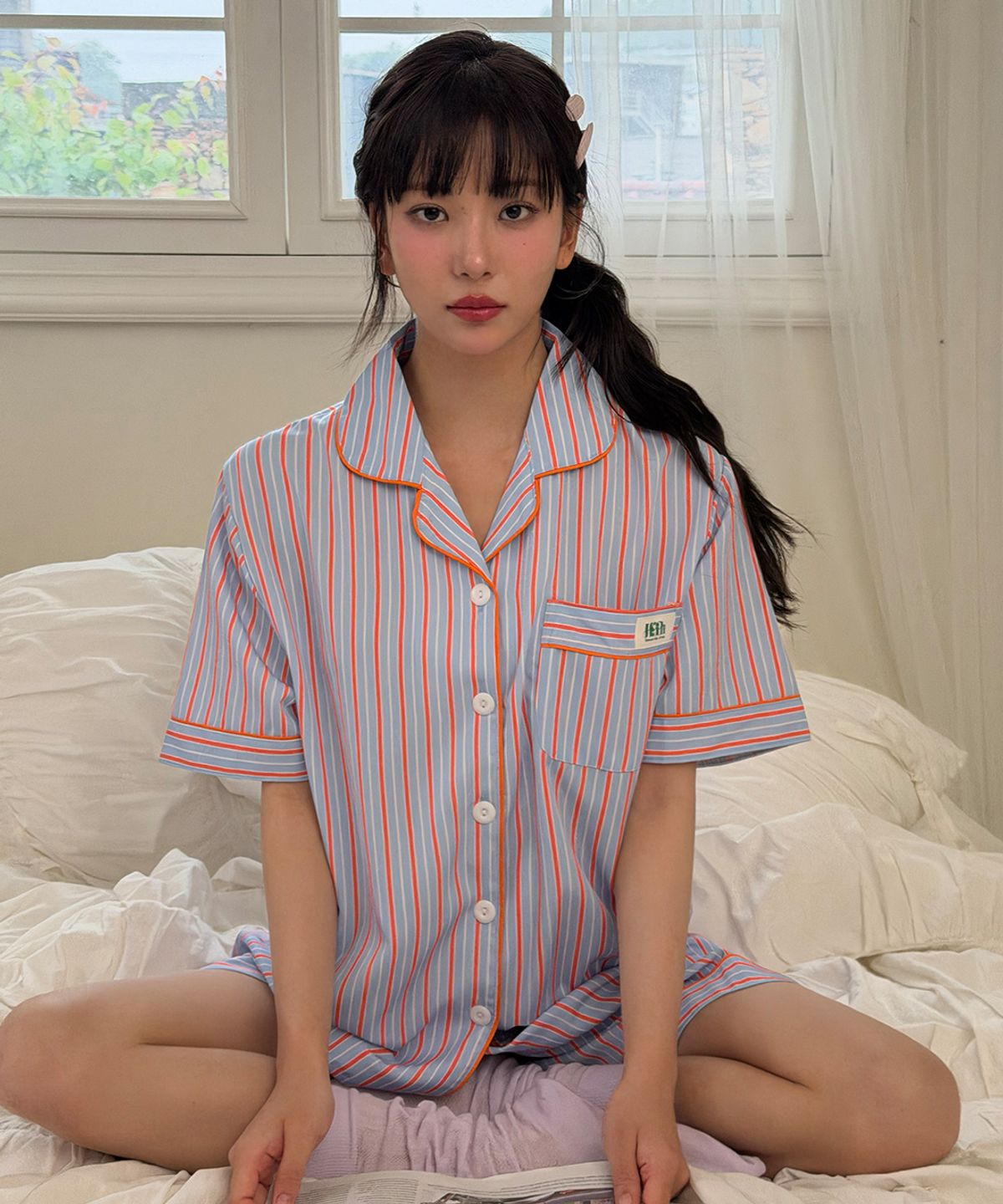 하이픈(HYPN) 루이 실크핏 남녀공용 반팔 잠옷 세트