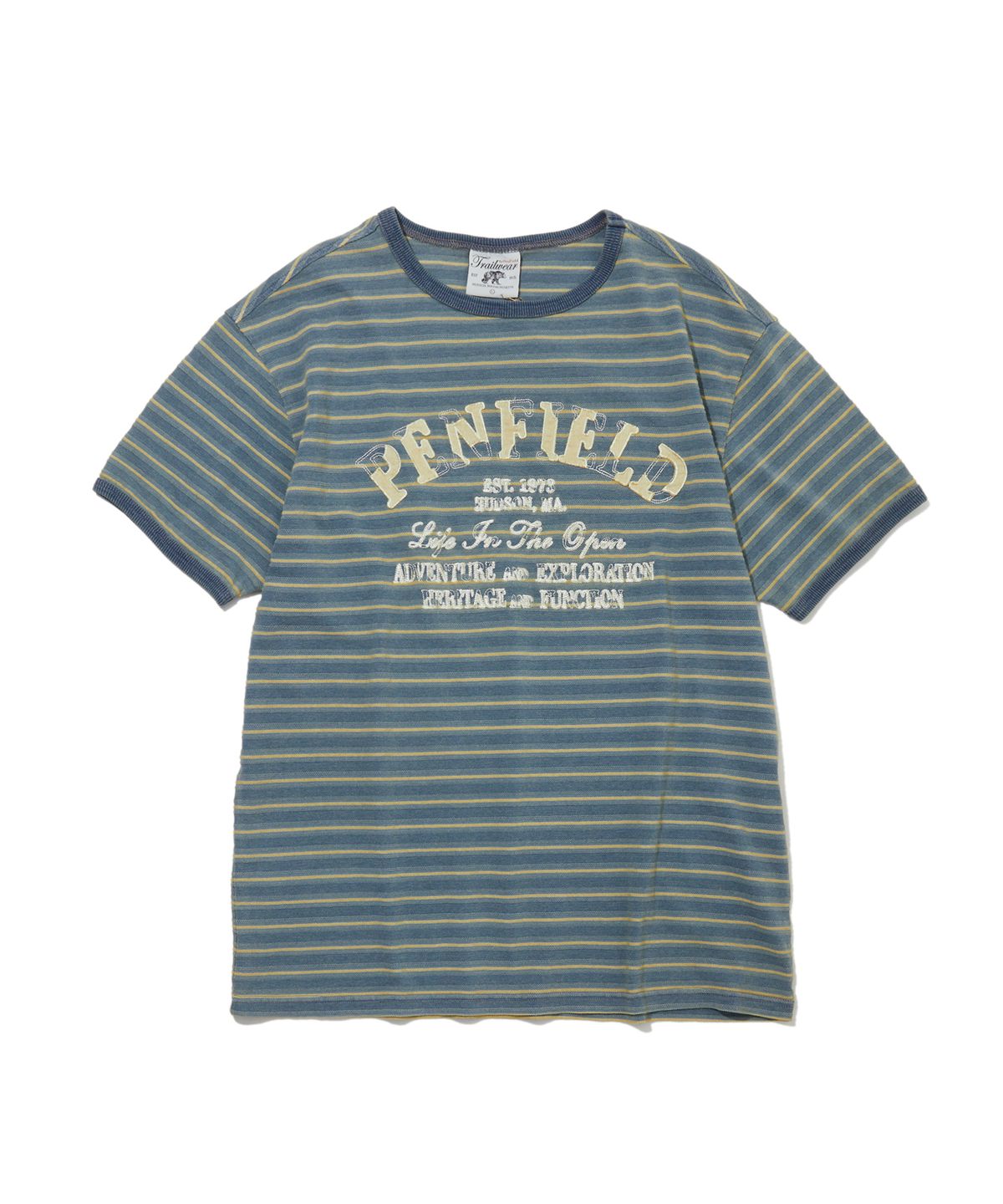 펜필드(PENFIELD) 인디고 자카드 스트라이프 빈티지 자수 아트워크 하프슬리브 옐로우_FS2KT62U