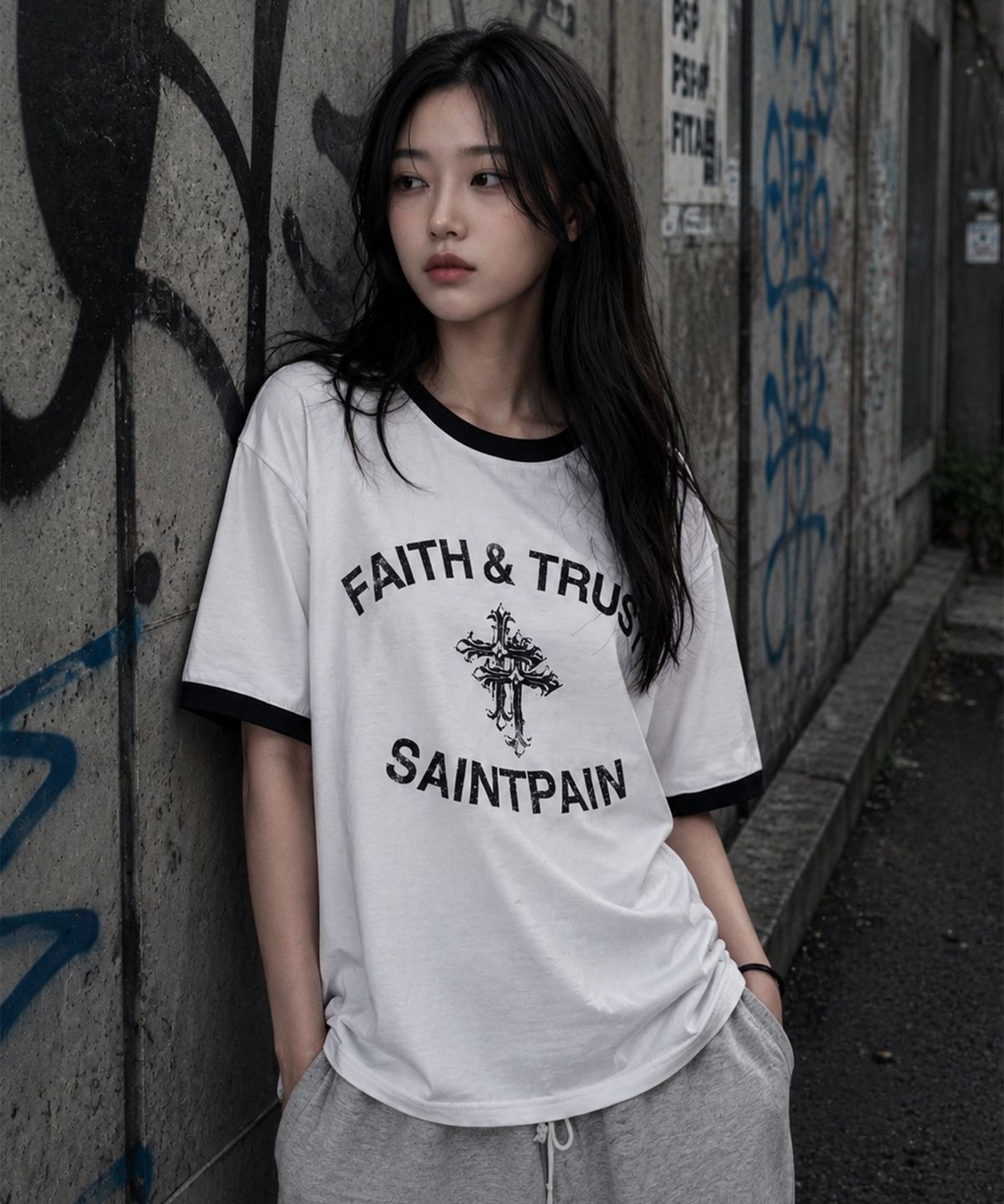 세인트페인(SAINTPAIN) SP 페이스 앤 트러스트 헤비웨이트 링거 티셔츠 화이트