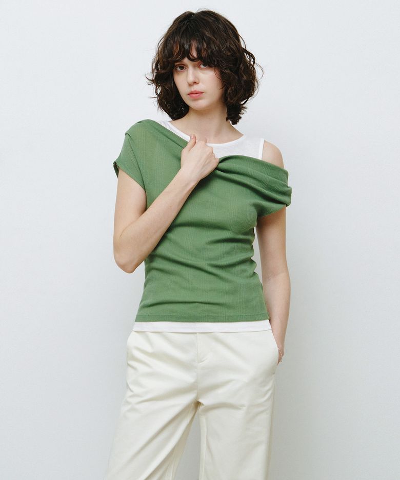 더블 레이어드 원숄더 티셔츠 그린 MDTS093GREEN