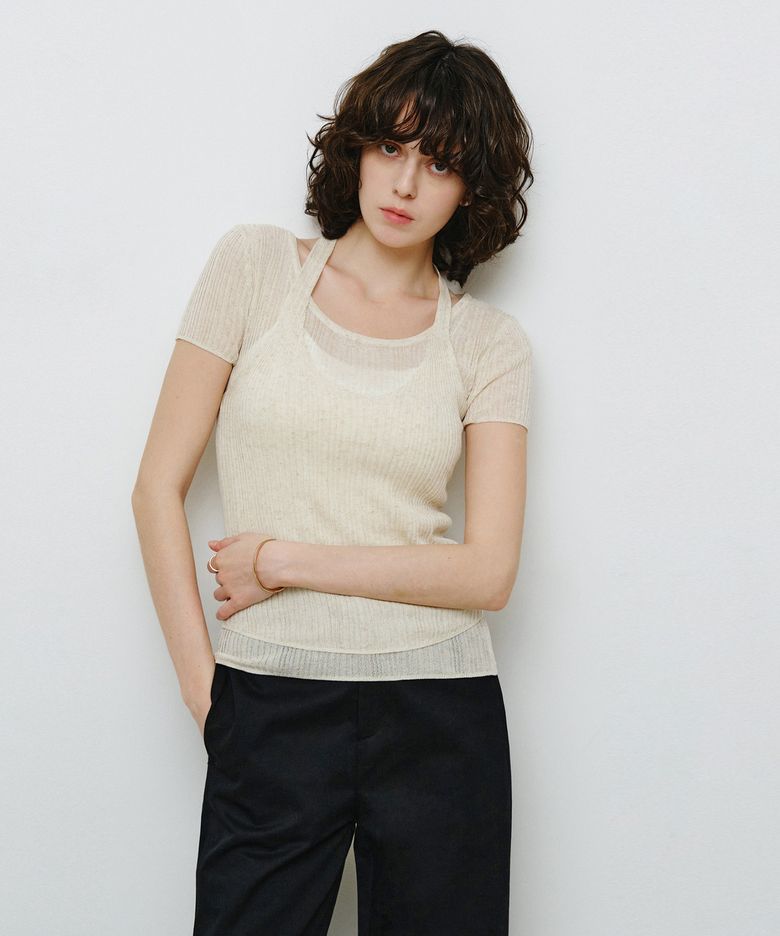 [SET] 골지 홀터넥 나시 & 반팔 니트 오트밀 MDKT129OATMEAL