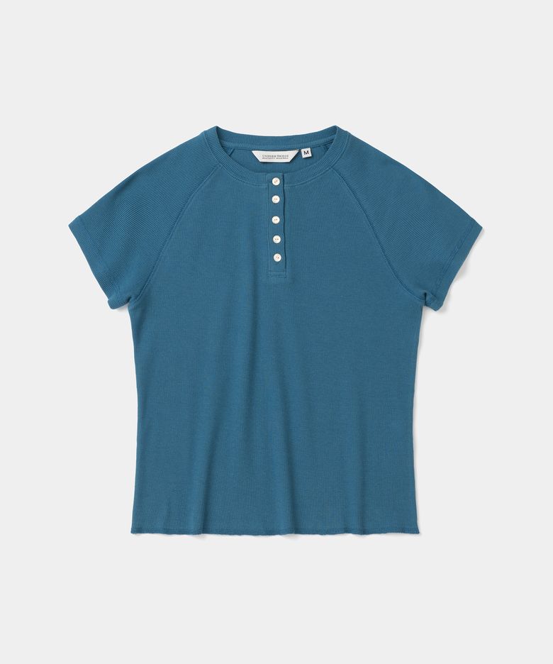 waffle henley neck s/s t-shirt(womens) blue
