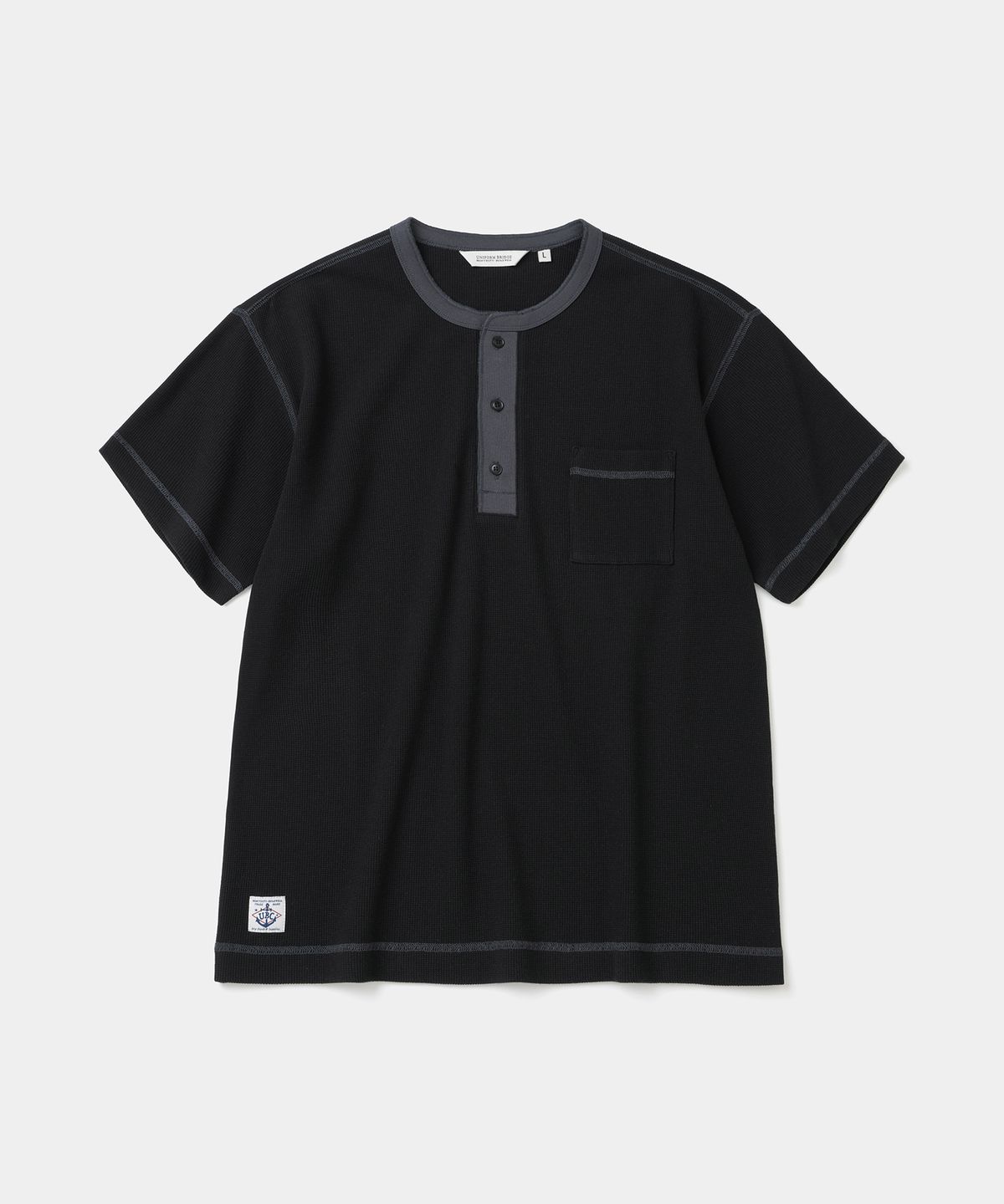 유니폼브릿지(UNIFORM BRIDGE) waffle henley neck s/s t-shirt black