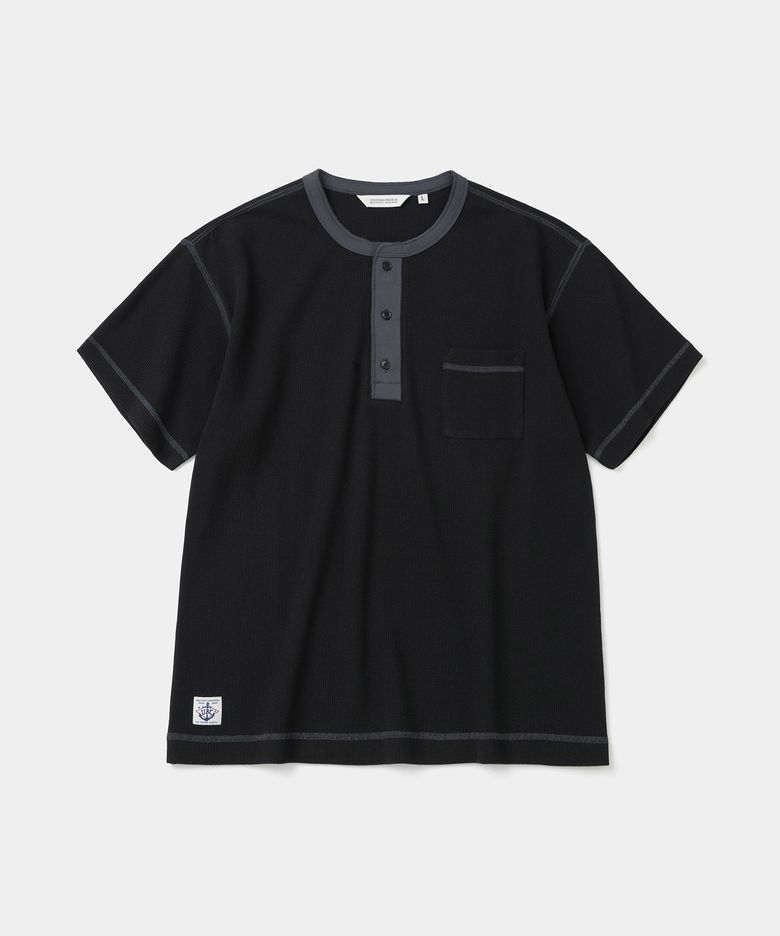waffle henley neck s/s t-shirt black