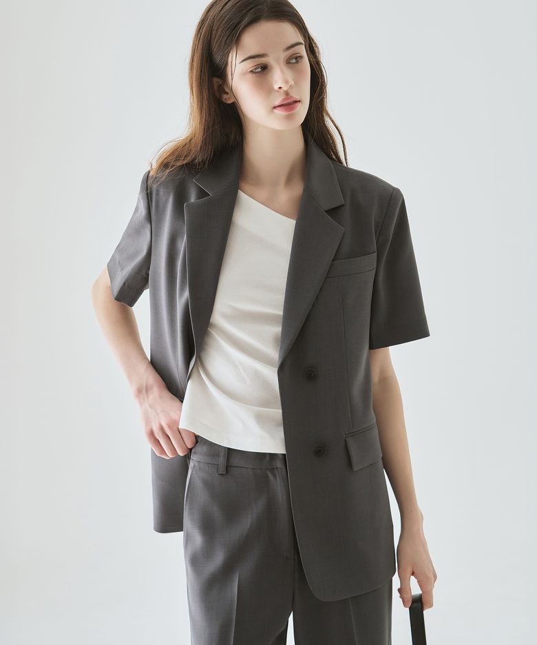 썸머 벨티드 반팔 싱글 블레이저 [CHARCOAL]
