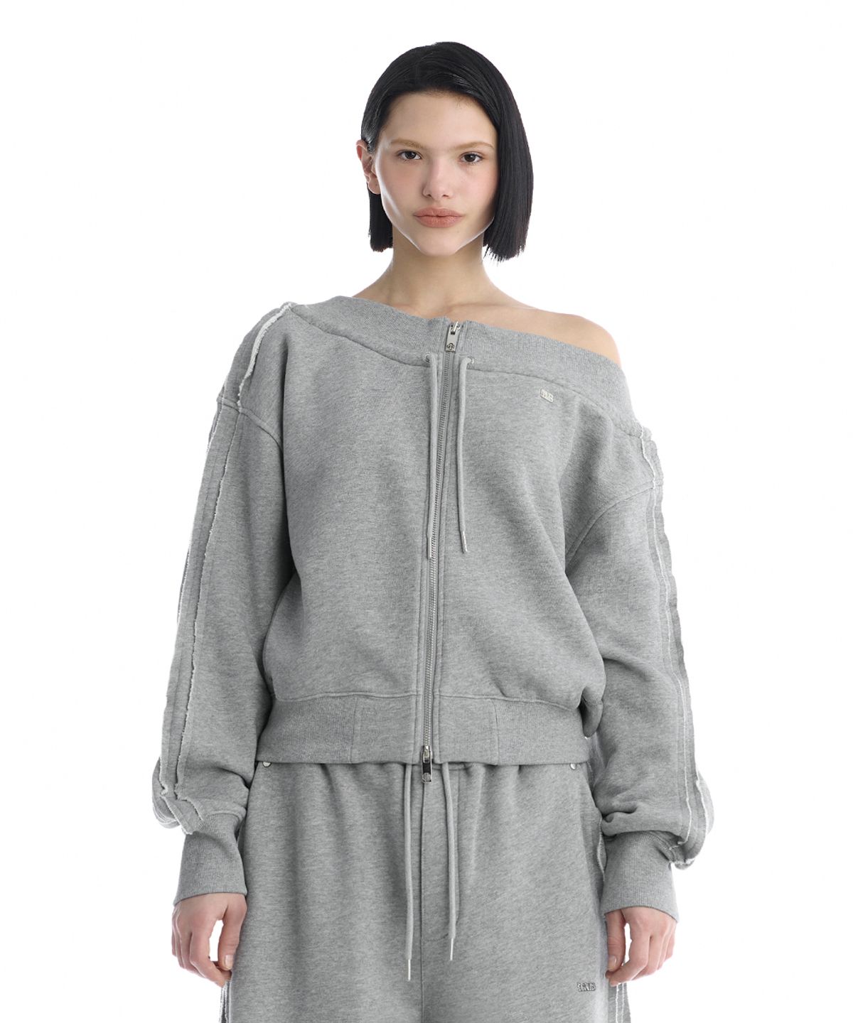 트리밍버드(TREEMINGBIRD) TMB Off-Shoulder Sweat Set-Up Zip-Up [ Melange Gray ]