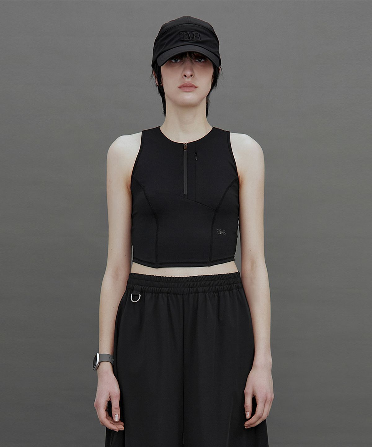 트리밍버드(TREEMINGBIRD) TMB Active Dual-Zip Cropped Tank Top [ Black ]