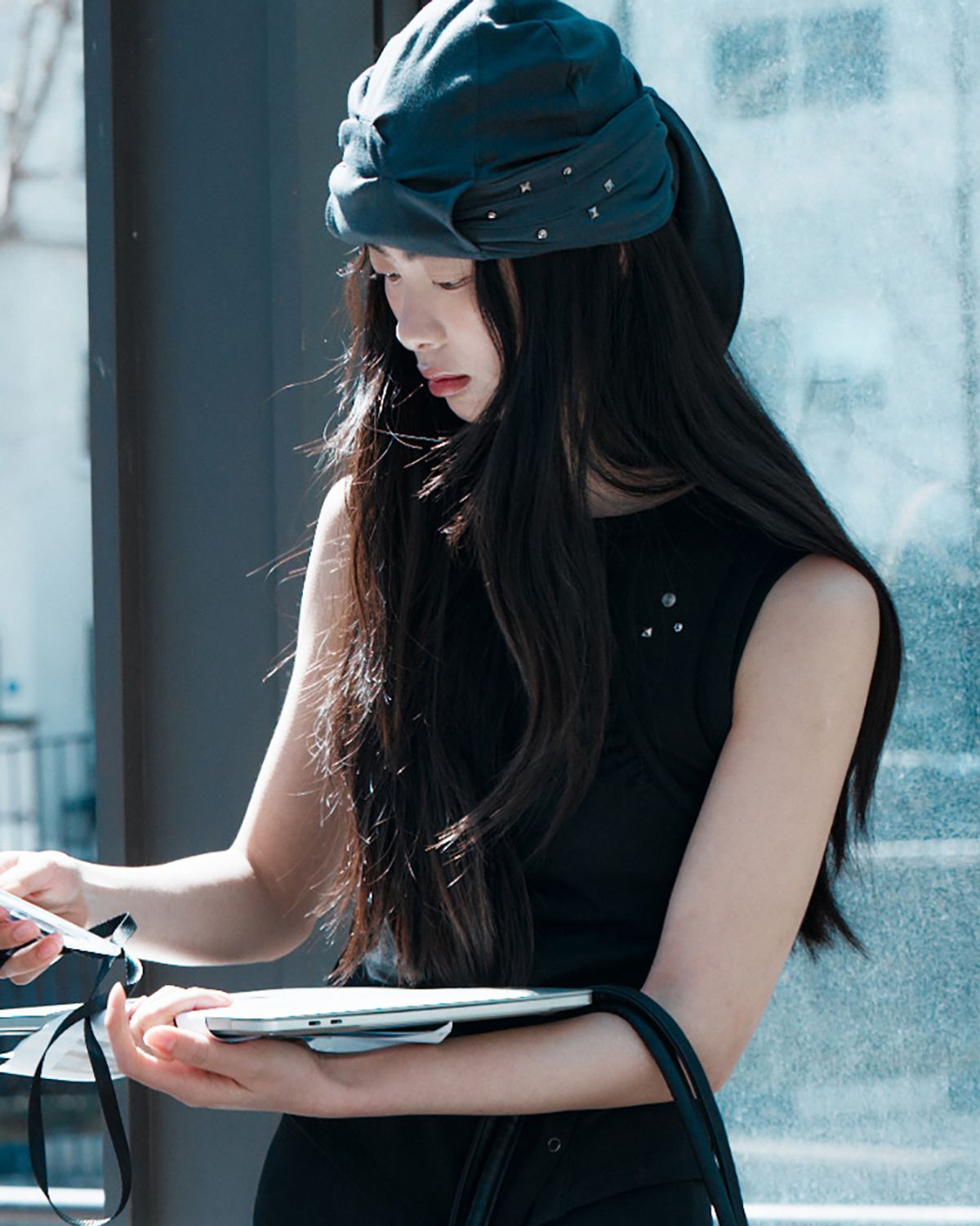 여밈(YEOMIM) [×미세키서울] stud shirring band beanie (charcoal)