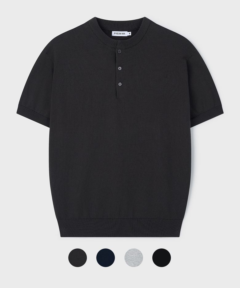 Henley-Neck Short Sleeve Knit - 4color