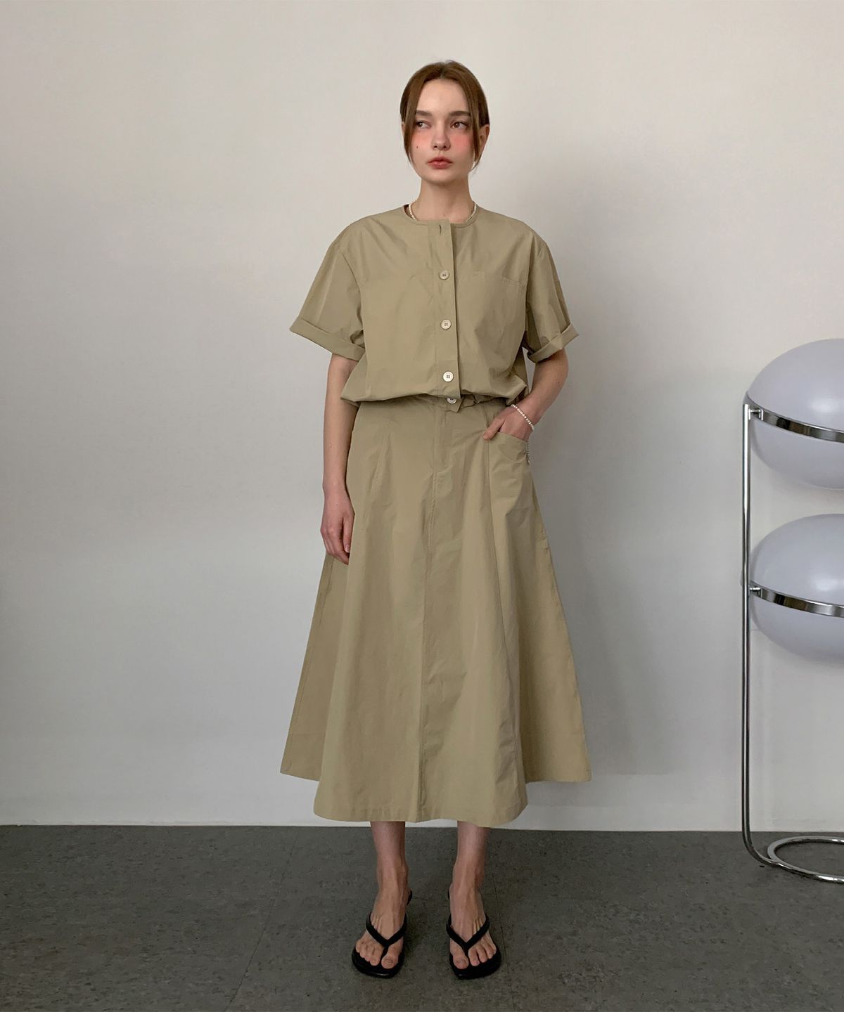 바스카라(VASCARA) [SET] String Blouse+Flare Midi Skirt Set-up (3colors)