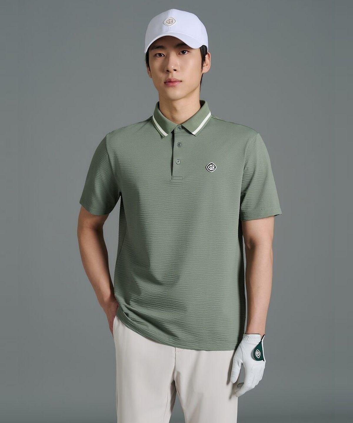 빈폴골프(BEANPOLE GOLF) [HERITAGE] 남성 시어서커 반소매 티셔츠 - 올리브