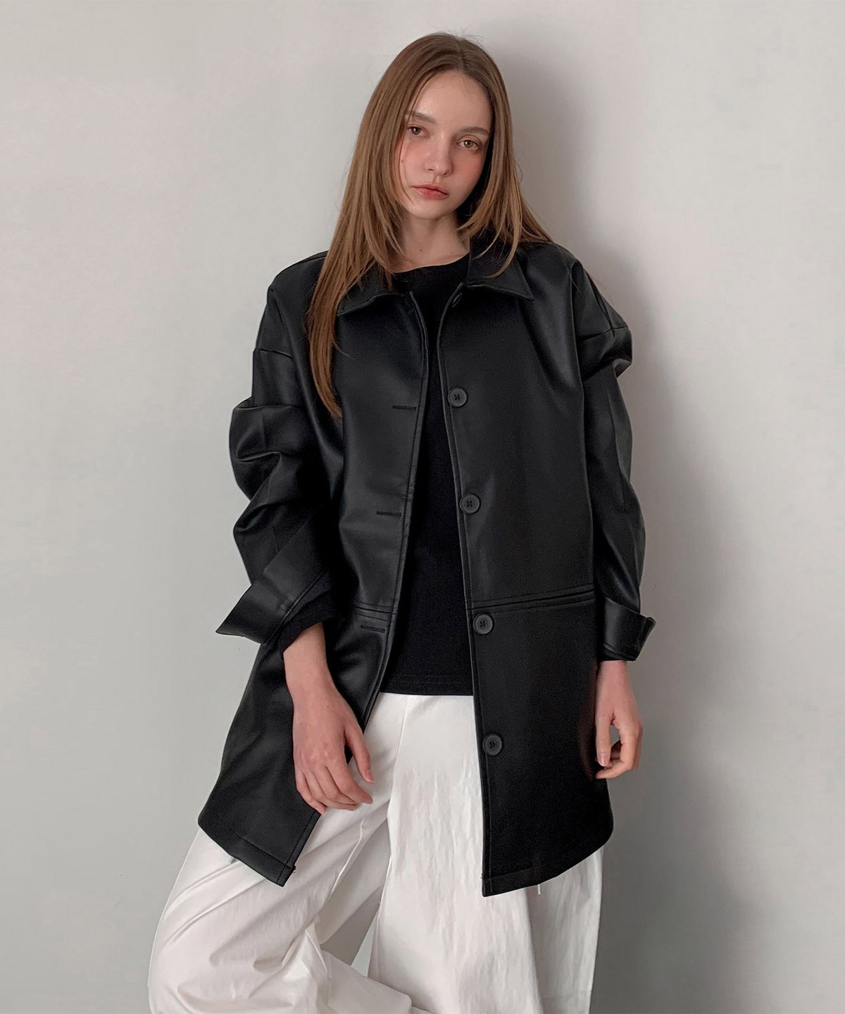 바스카라(VASCARA) Faux Leather Single Half Jacket (2colors)