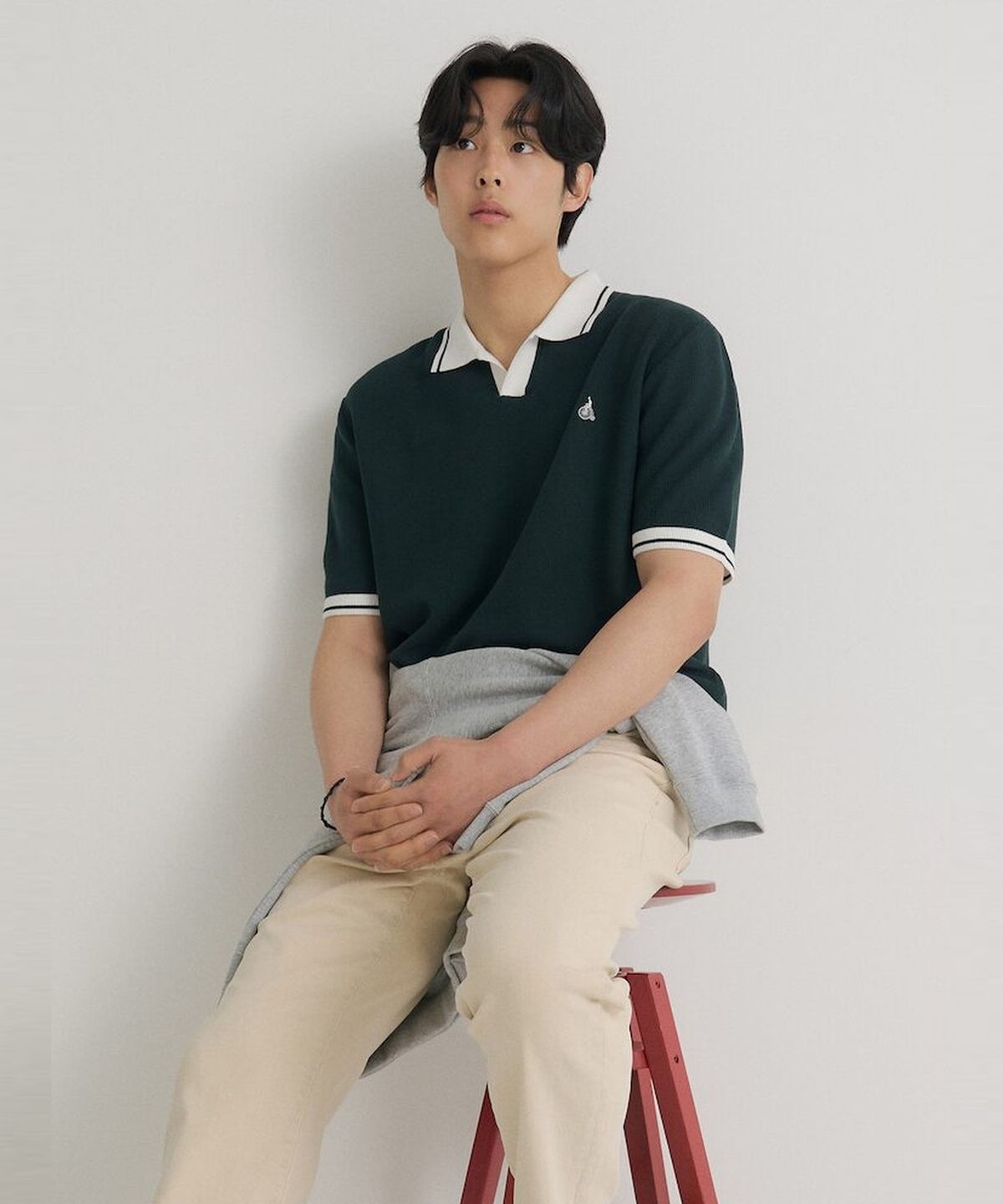 빈폴 멘(BEANPOLE MEN) 티핑 오픈 칼라넥 니트  그린