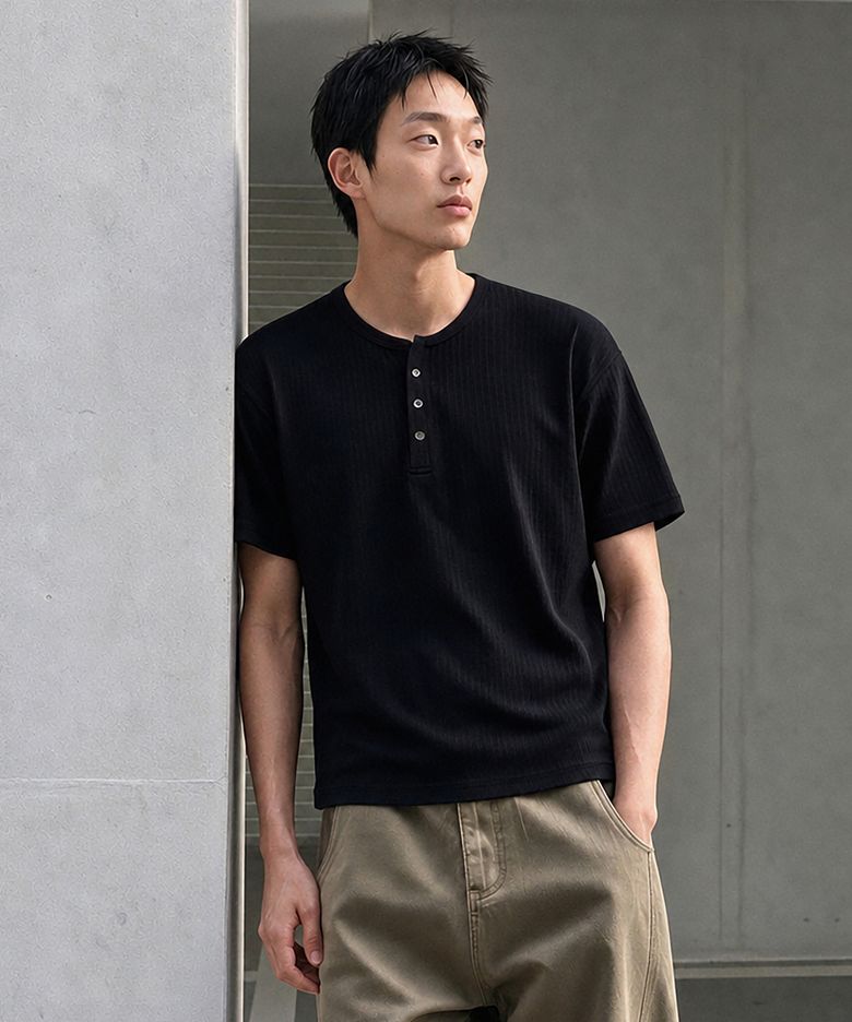 리브드 크롭 헨리넥 반팔티 ( 4Color )