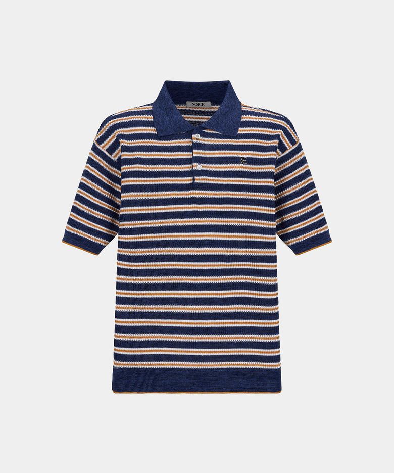 RIBBED STRIPED KNIT POLO SHIRT - NAVY