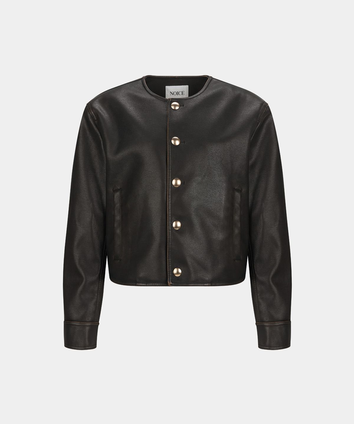 노이스(NOICE) M PURE COLLAR FAUX LEATHER JACKET - BROWN