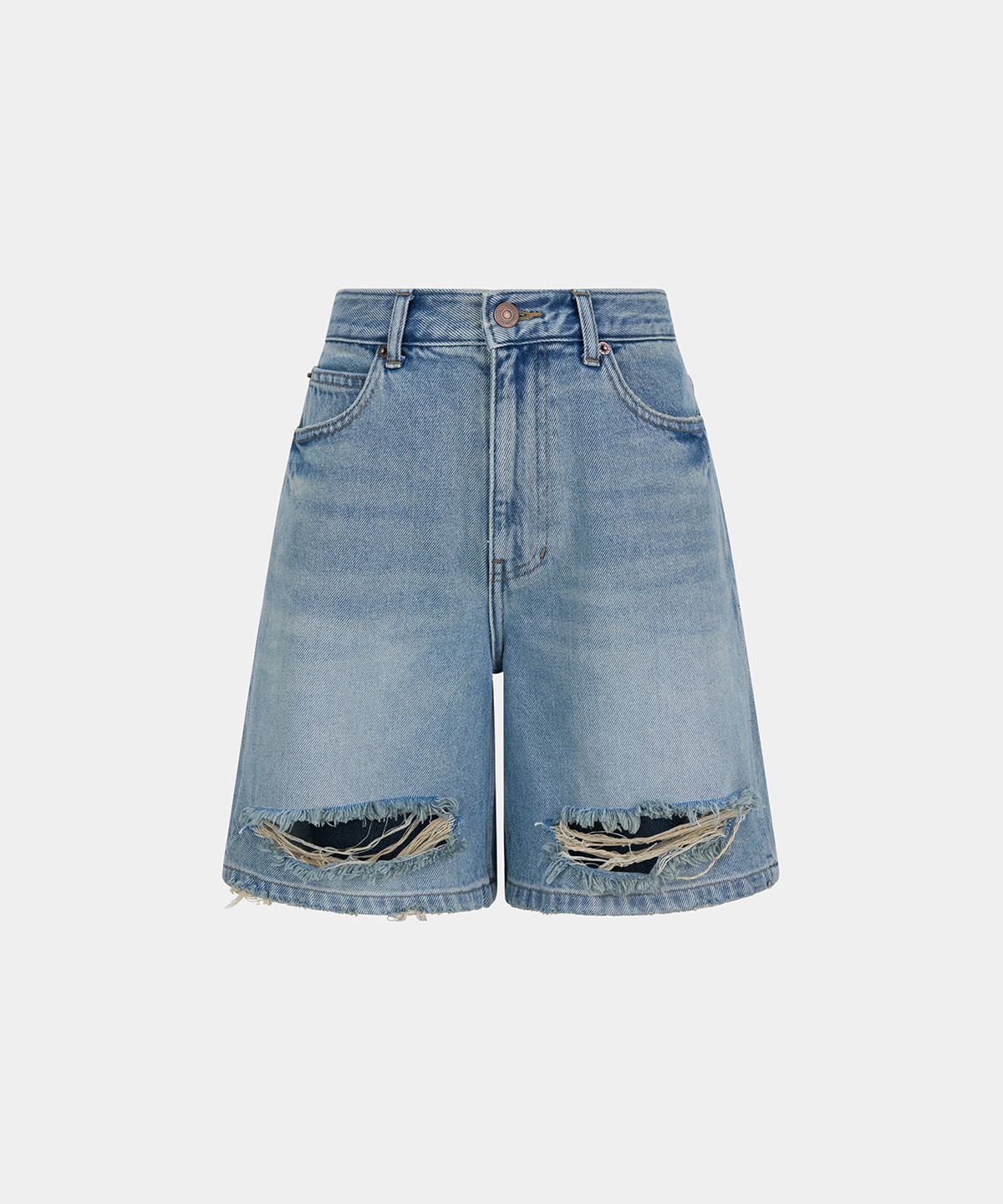 노이스(NOICE) W DESTROYED WASHED DENIM SHORTS - LIGHT BLUE
