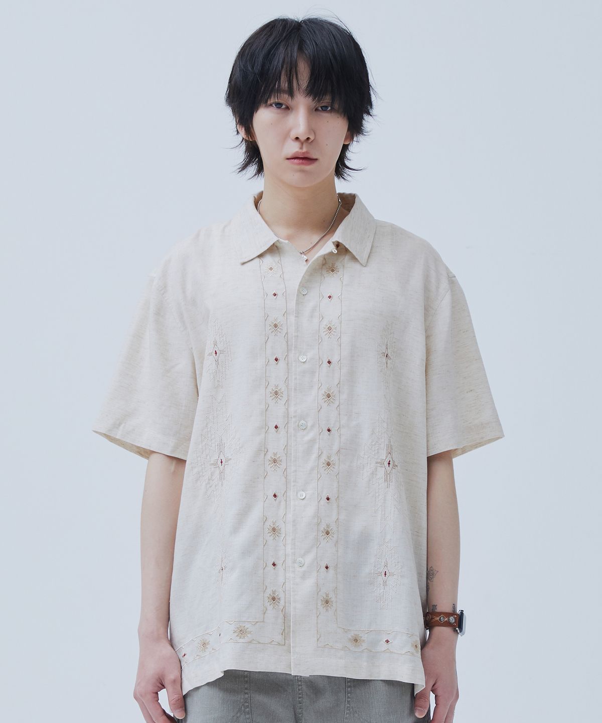 오가프(OGARP) Cuban Open Collar Half Shirt MelangeBeige