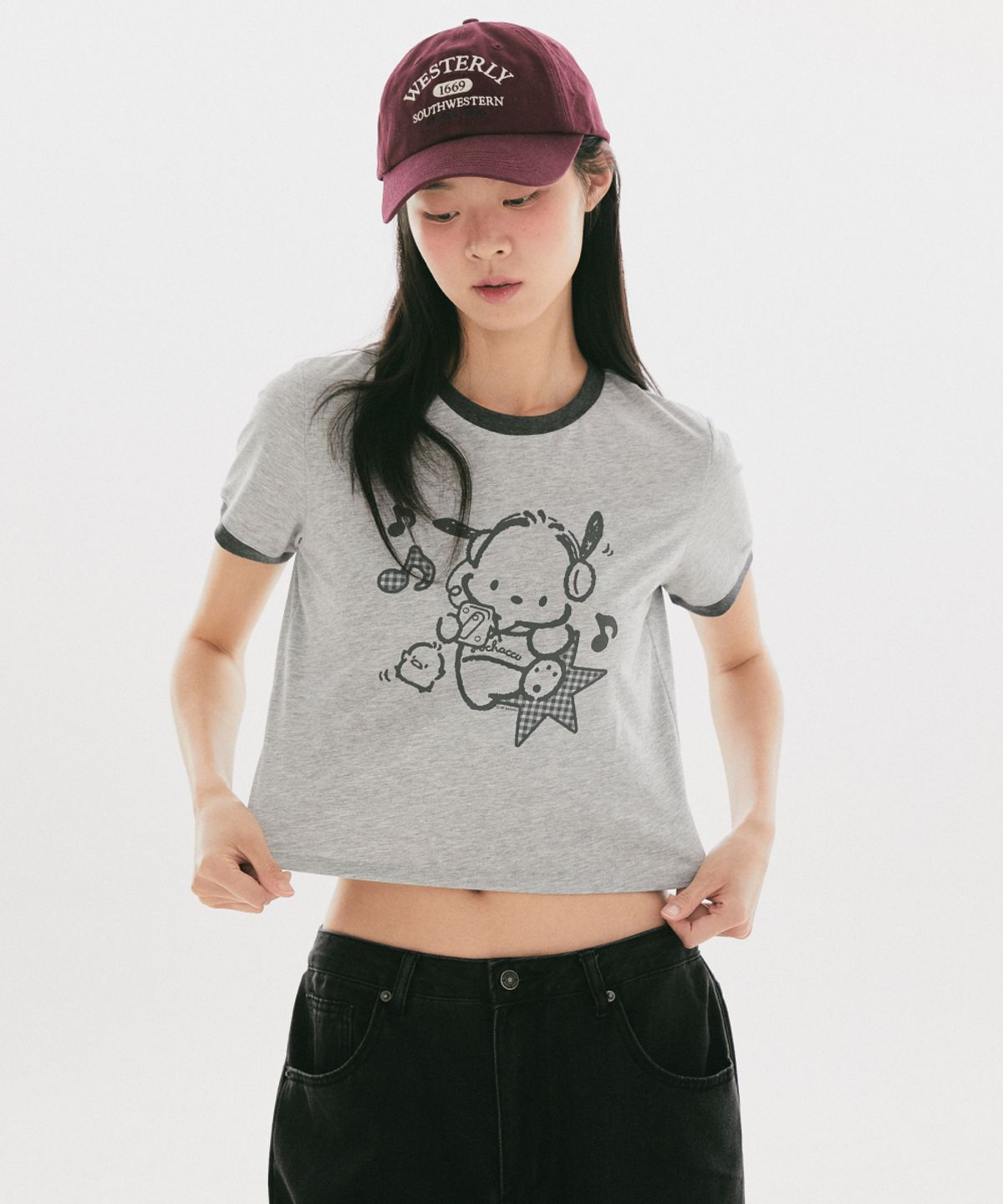 스파오(SPAO) [산리오캐릭터즈] 링거 크롭 반팔 티셔츠(MELANGE GRAY)_SPRLG37U02