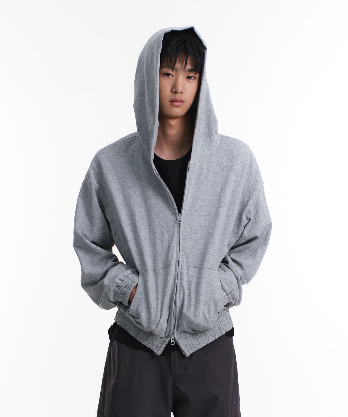 다이브인(DIVEIN) SLUB CROP HOOD ZIP-UP (MELANGE GRAY)