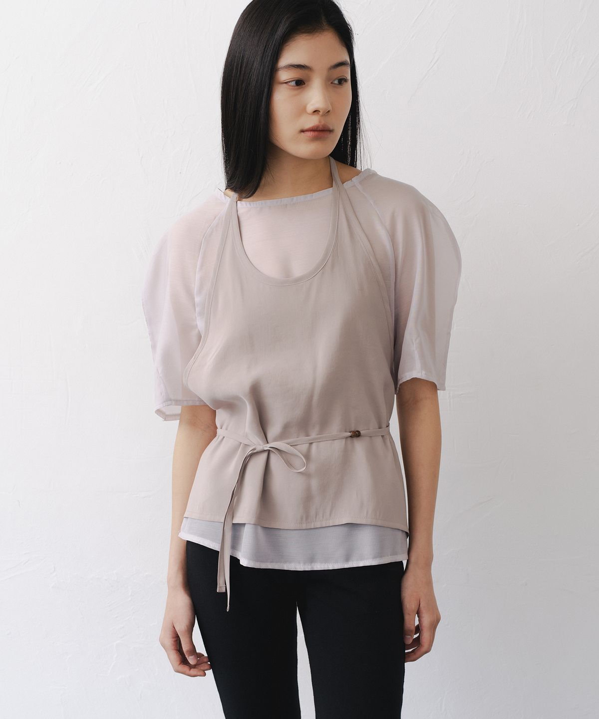 애프터글로울(AFTERGLOWOOL) Sheer Half Sleeve Blouse-Grey