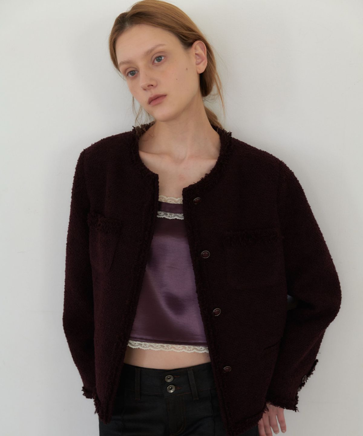 앤테(AENTE) Fringed Tweed Jacket - Purple