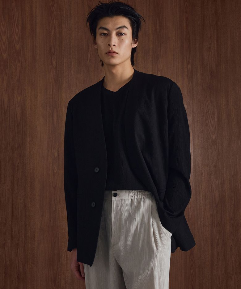 Kinoshita Seersucker Collarless Jacket (Black) TNJA6E206BK
