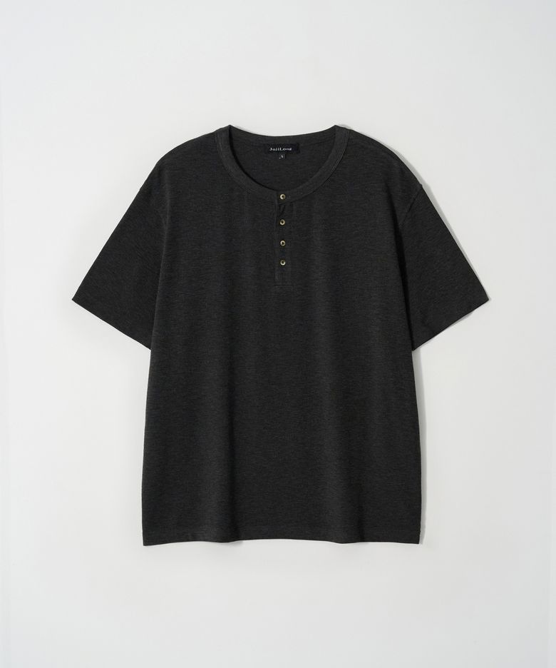 JN153 Vintage Slub Henley Half  T-Shirt - BLACK