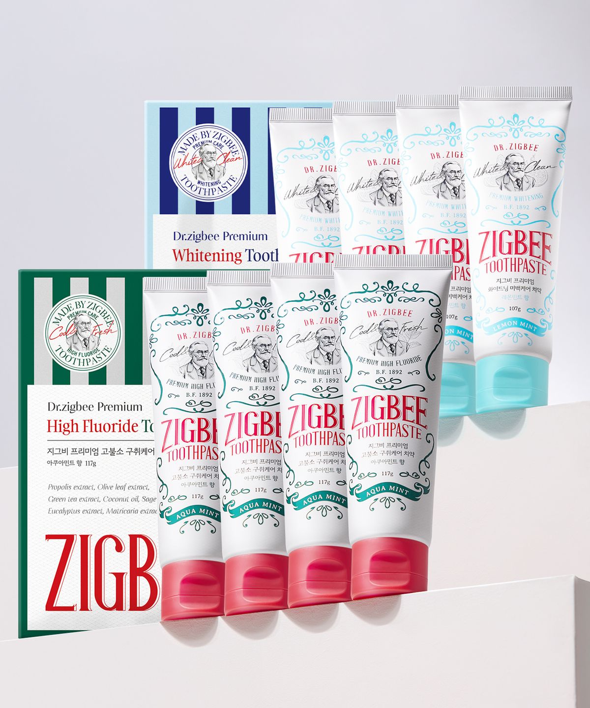 지그비(ZIGBEE) [구취+미백세트] 고불소 구취케어 치약 아쿠아민트향 117g 4개입+화이트닝 미백케어 치약 레몬민트향 107g 4개입