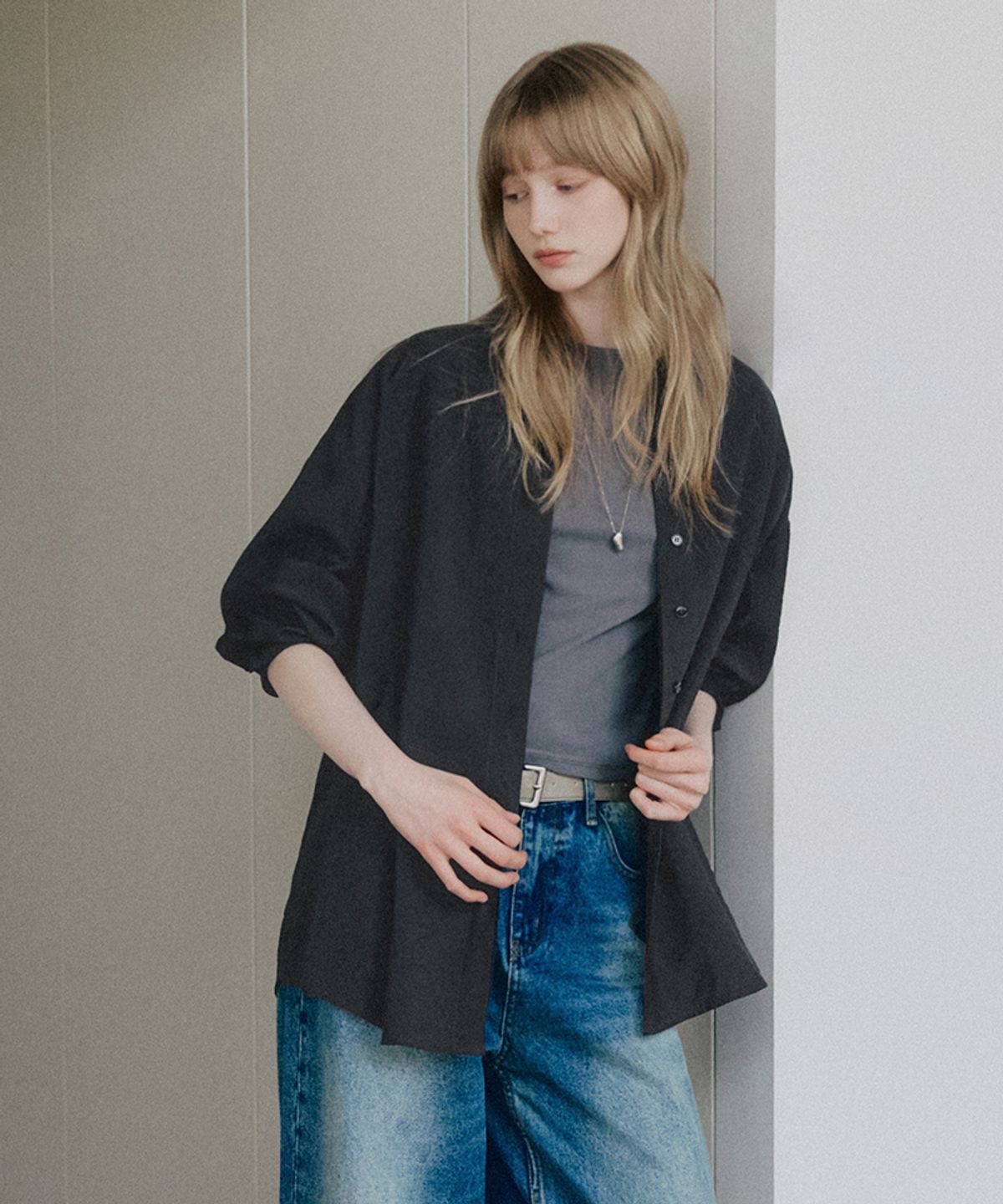 레프트서울(LEFTSEOUL) 데일리 모달 오버핏 셔츠 [다크네이비]