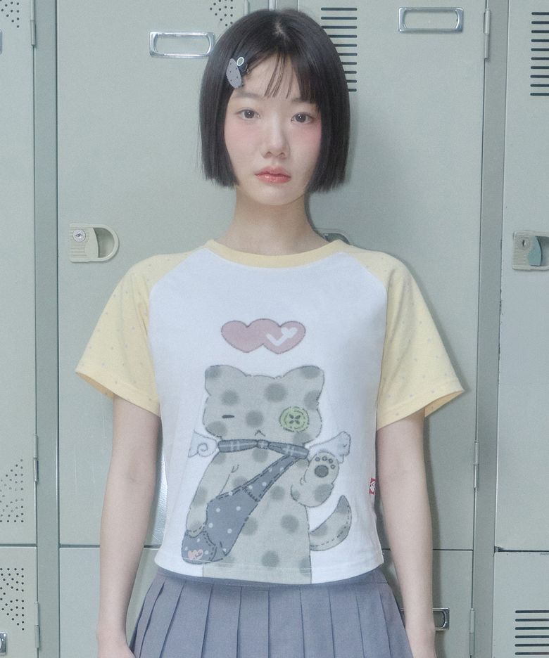 [경계X비디오자키] 도트 고양이 크롭 티셔츠 [옐로우]