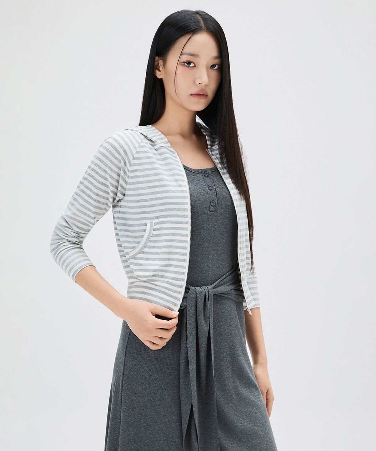 미쏘(MIXXO) 스트라이프 후디 집업_MIWCMG408A