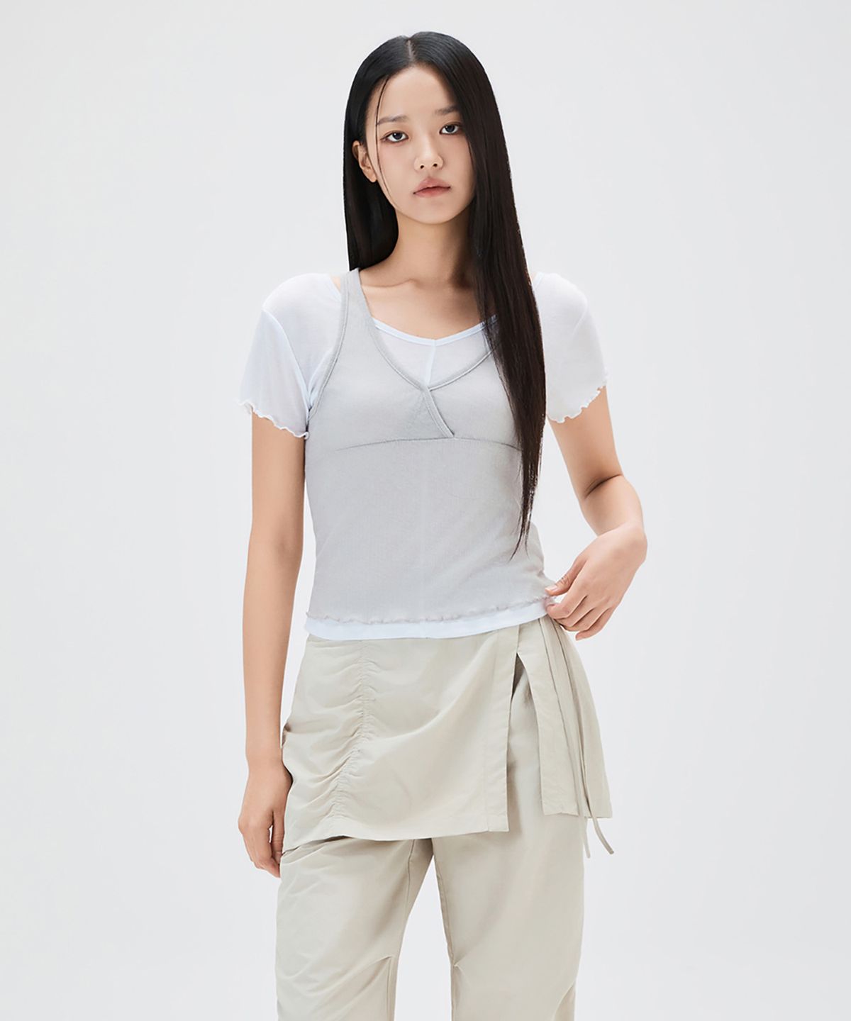 미쏘(MIXXO) 레이어드 반팔 티셔츠 RE LWG302A_MIWHWG52QA