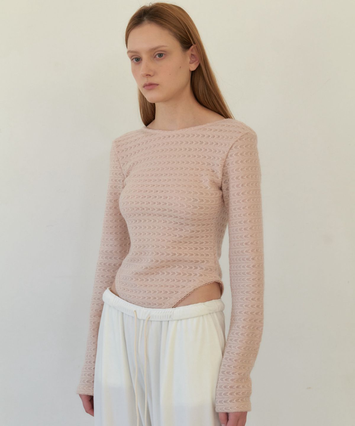 앤테(AENTE) Lace Jacquard Bodysuyt T-shirt - Pink