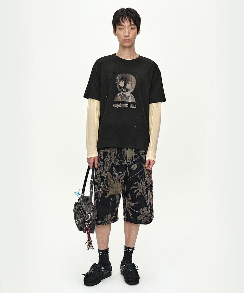 FLOWER OVERLAY CARGO SHORTS apa902m(BLACK/BEIGE)