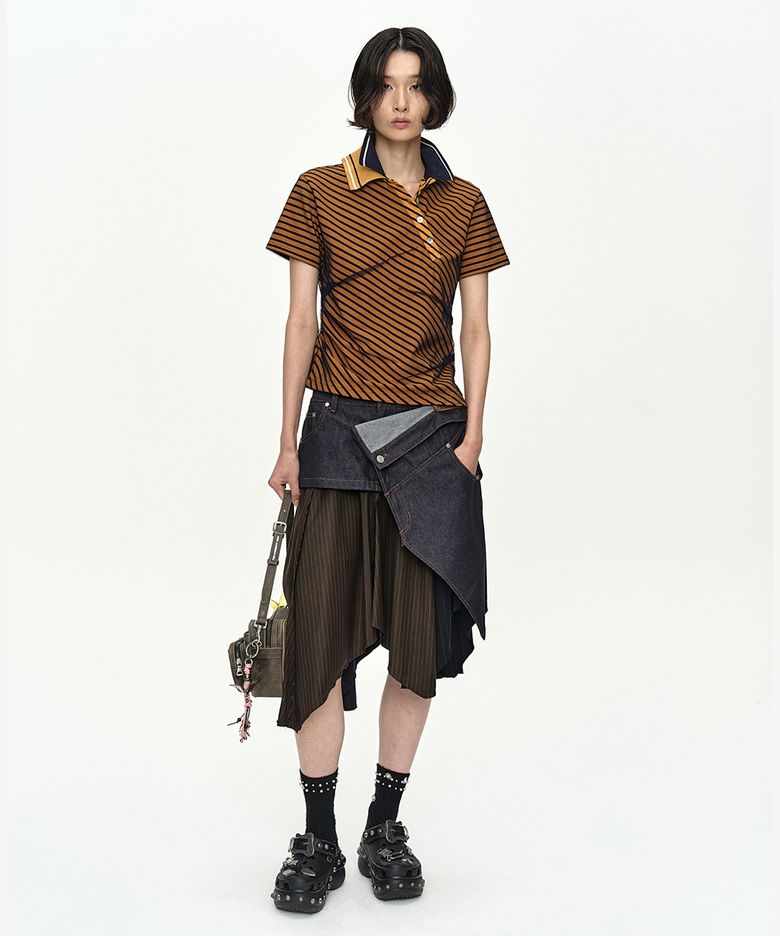 RIGID TURN-OVER ASYMMETRIC SKIRT apa913w(NAVY/BROWN)