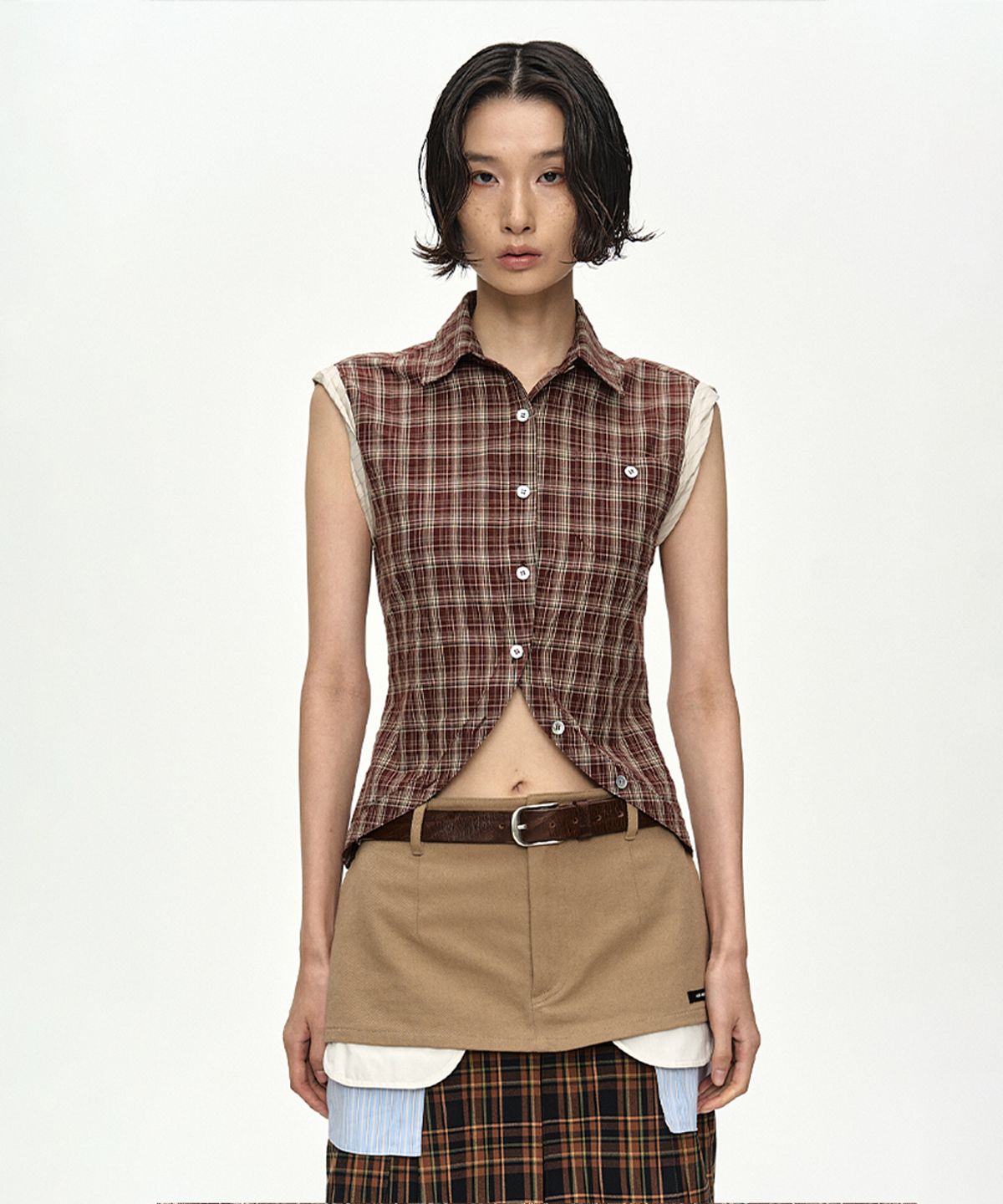 앤더슨벨(ADSB ANDERSSON BELL) CHECK SLEEVELESS SHIRT atb1569w(BROWN)