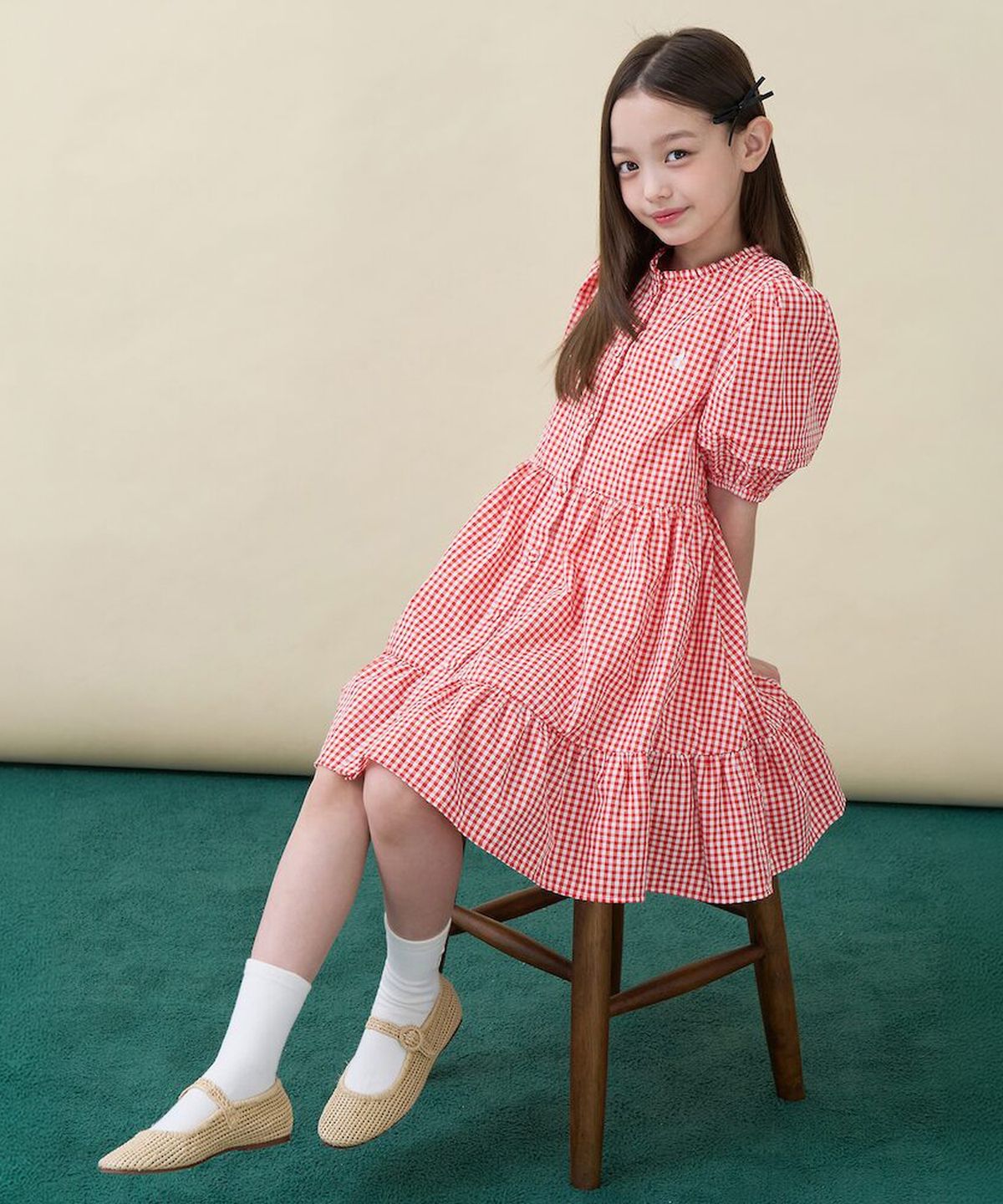 빈폴 키즈(BEANPOLE KIDS) 시어서커 깅엄체크 반소매 원피스  레드 (BI6471G026)