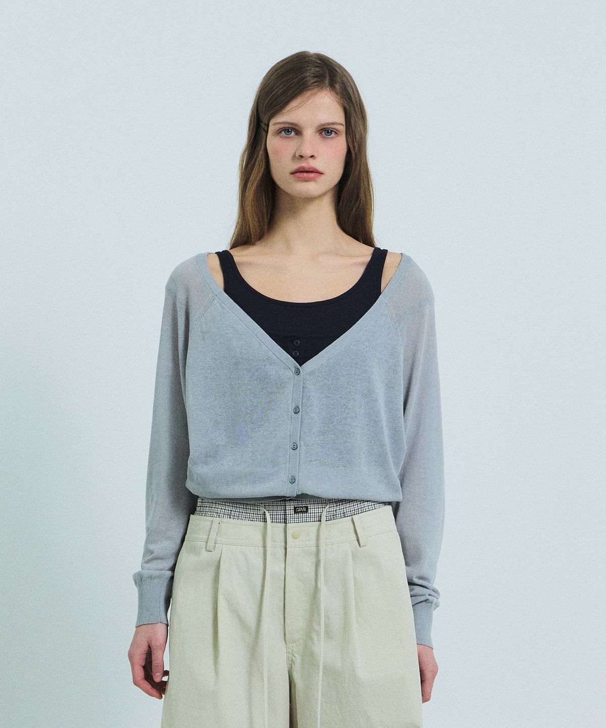 그로브(GROVE) COLETTE OFF-SHOULDER CARDIGAN (LIGHT GRAY)
