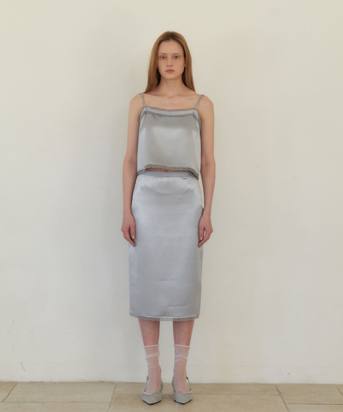 앤테(AENTE) Lace Satin Long Skirt - Silver Blue
