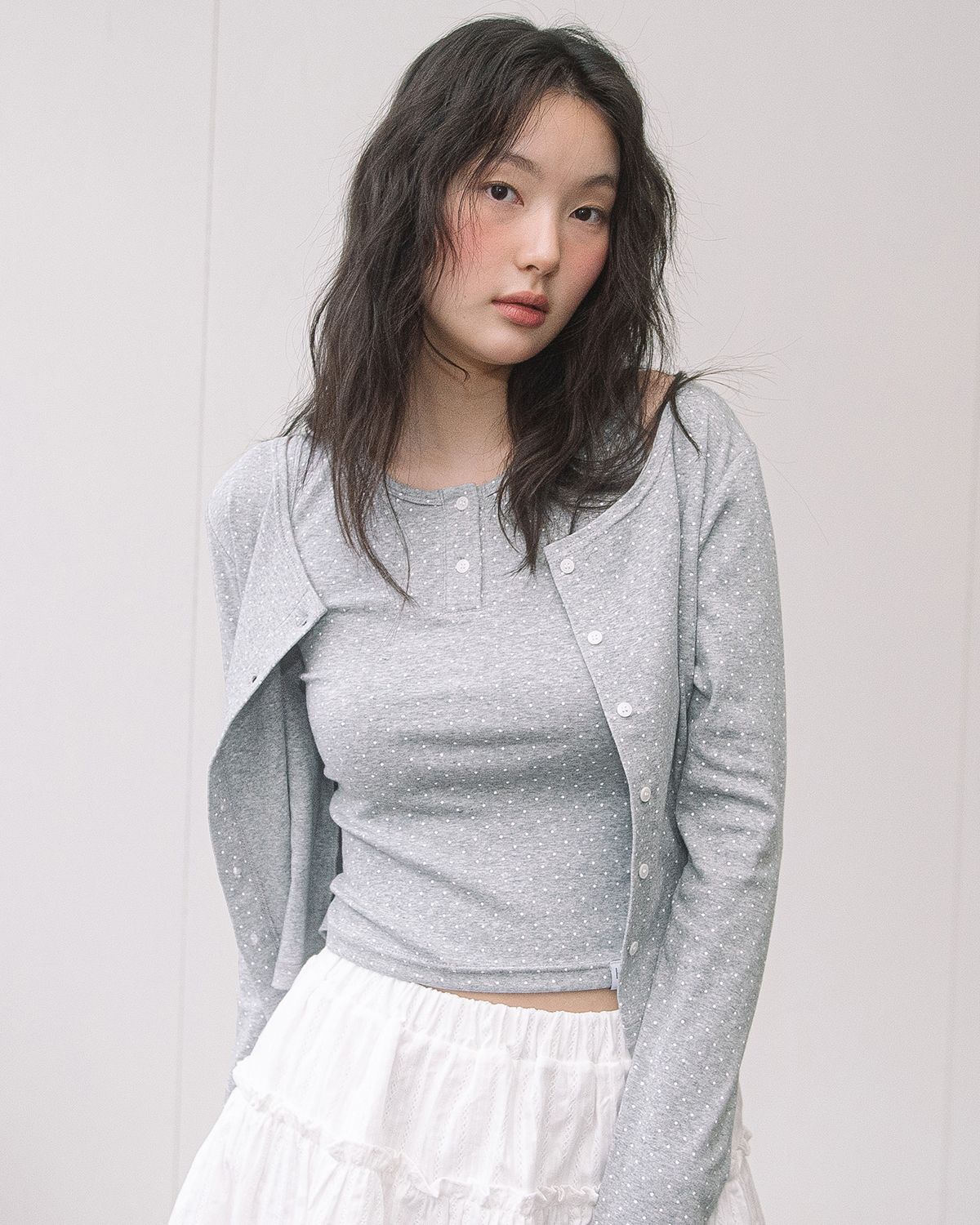 해비즘(HAVISM) DOT CARDIGAN + HENLEY NECK SLEEVELESS SET(GREY)